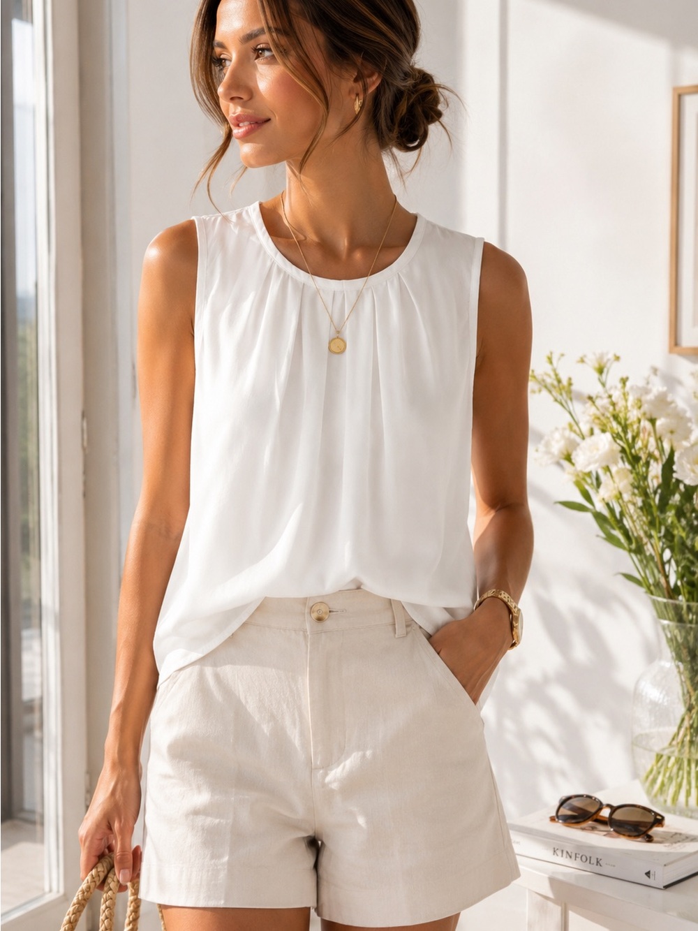 Boutique Merona White Sleeveless Pleated Blouse Top Small Minimal Chic Career